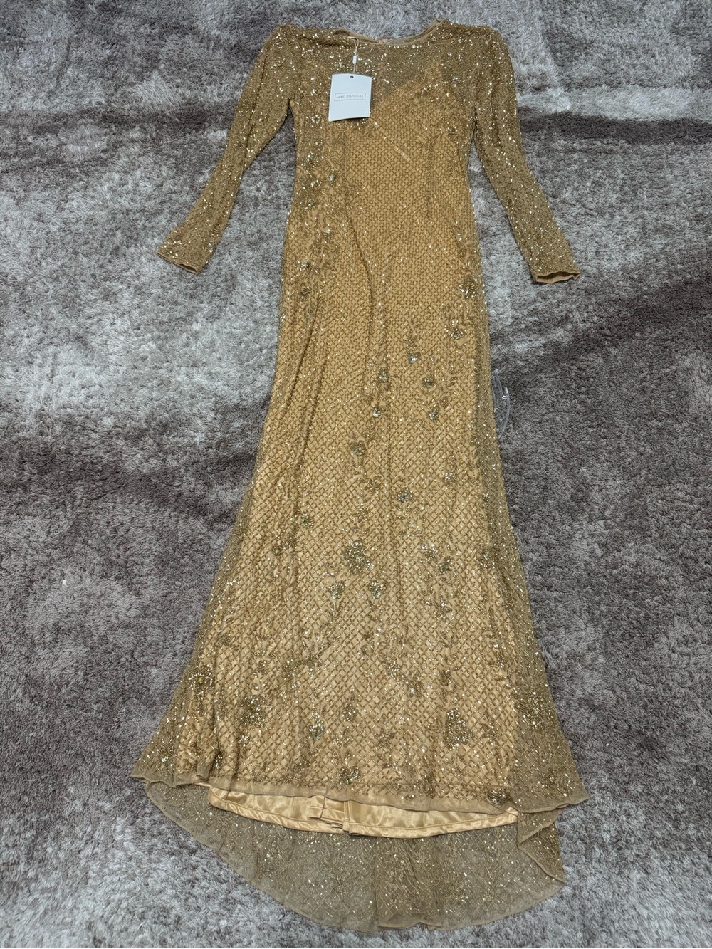 Mac duggal Floral Long Sleeve Embellished Gown In Gold